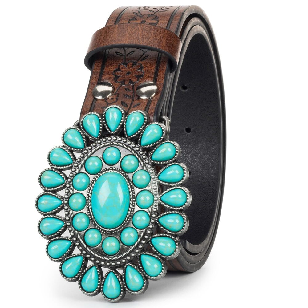 5262 Women Western-turquoise-belt Embossed-pu-leather-cowgirl-belt